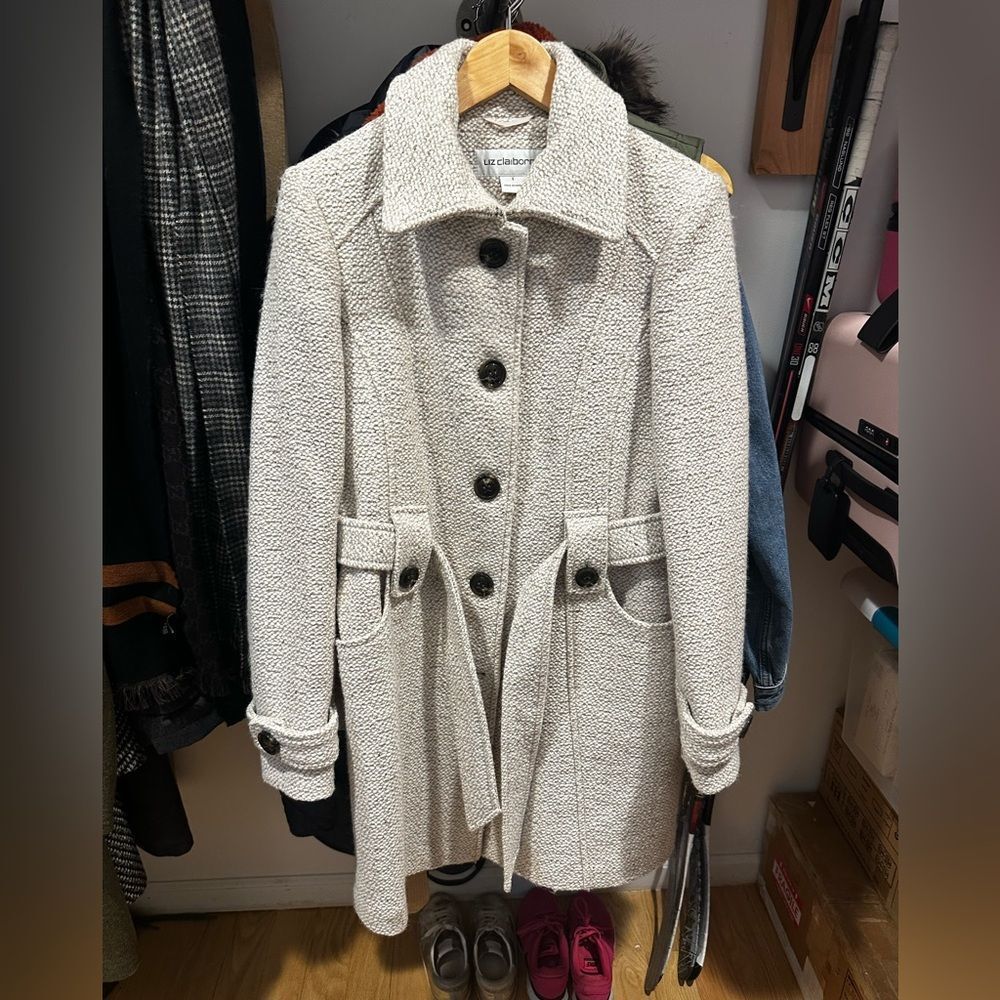 Liz Claiborne Cream Textured Wool Belted Trench Coat NWOT